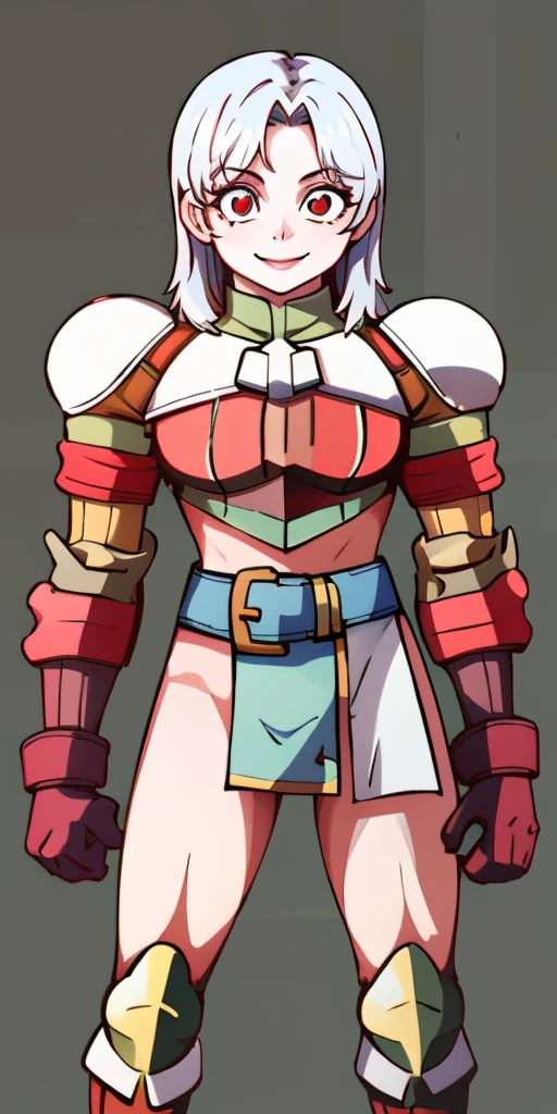 (masterpiece, best quality, 4k, 1girlsolo, 1MILF, mmplatz, smile, red cheeks, plain background:1.2) perfect face, perfect lighting, mature whsororitas with gloves red gauntlets in her hands like Cammy White from Street Fighter, bob white hair, warhammer 40k power armor suit with loincloth, red eyes like rubies, full body RED armor, view from below, looking to the viewer, arms to the sides empty hands, RED military boots, silver skull ornament attached to crossing 2 belt wide hips, 2 long legs