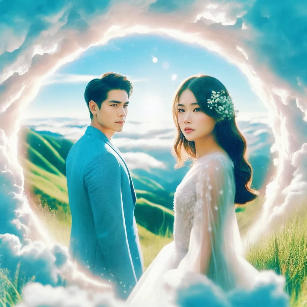 a couple standing in a field with a sky background, movie promotional image, official fanart, fanart, yan, lie on white clouds fairyland, sha xi, xianxia fantasy, promotional movie still, key art, promotional art, promotional still, official poster, backdrop, film promotional still, a still of an ethereal, official artwork, in white clouds fairyland