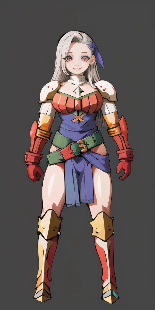 (masterpiece, best quality, 4k, 1girlsolo, 1MILF, mmplatz, smile, red cheeks, plain background:1.2) perfect face, perfect lighting, mature whsororitas with gloves red gauntlets in her hands like Cammy White from Street Fighter, bob white hair, warhammer 40k power armor suit with loincloth, red eyes like rubies, full body RED armor, view from below, looking to the viewer, arms to the sides empty hands, RED military boots, silver skull ornament attached to crossing 2 belt wide hips, 2 long legs