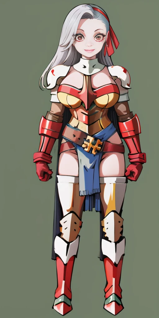 (masterpiece, best quality, 4k, 1girlsolo, 1MILF, mmplatz, smile, red cheeks, plain background:1.2) perfect face, perfect lighting, mature whsororitas with gloves red gauntlets in her hands like Cammy White from Street Fighter, bob white hair, warhammer 40k power armor suit with loincloth, red eyes like rubies, full body RED armor, view from below, looking to the viewer, arms to the sides empty hands, RED military boots, silver skull ornament attached to crossing 2 belt wide hips, 2 long legs