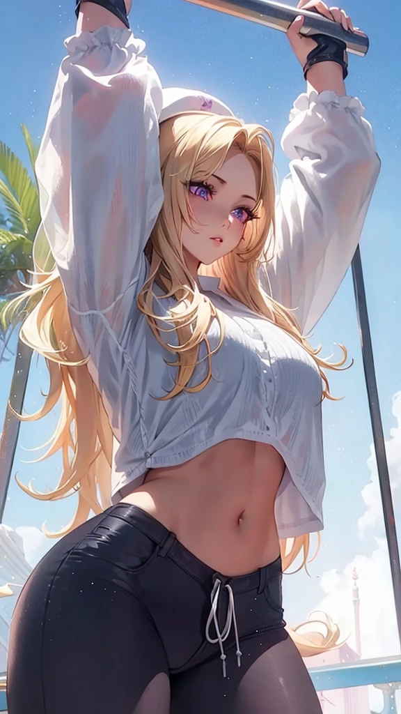 Beautiful girl , slim fit body , blonde hair, crop top, rose pink lips , violet eyes, blushed cheeks, big breasts