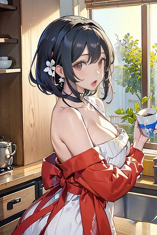 masterpiece, yor, 1girl, Amazing Cleavage:1.3, thin waist, big ass, Raised sexy, medium breast: 1.8 posed cleavage:1.2、solo, looking at viewer, open mouth, have a cup of coffee,black hair, red eyes, dress, bare shoulders, jewelry, collarbone, sidelocks, hairband, earrings, indoors, off shoulder, :o, sweater, arms behind back, plant, short hair with long locks, white hairband, off-shoulder dress, sweater dress, off-shoulder sweater, red sweater, big side hair, very long side hair,is rendered in (masterpiece: 1.2, best quality), with (ultra high resolution) and an exquisite (depth of field). This masterpiece is not only visually stunning but also tells, make of cake cooking ,in the kitchen