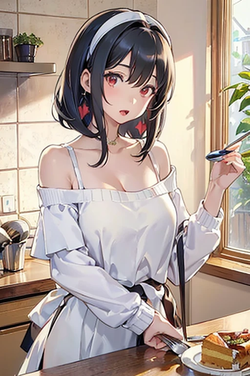 masterpiece, yor, 1girl, Amazing Cleavage:1.3, thin waist, big ass, Raised sexy, medium breast: 1.8 posed cleavage:1.2、solo, looking at viewer, open mouth, have a cup of coffee,black hair, red eyes, dress, bare shoulders, jewelry, collarbone, sidelocks, hairband, earrings, indoors, off shoulder, :o, sweater, arms behind back, plant, short hair with long locks, white hairband, off-shoulder dress, sweater dress, off-shoulder sweater, red sweater, big side hair, very long side hair,is rendered in (masterpiece: 1.2, best quality), with (ultra high resolution) and an exquisite (depth of field). This masterpiece is not only visually stunning but also tells, make of cake cooking ,in the kitchen