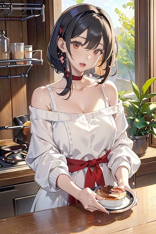masterpiece, yor, 1girl, Amazing Cleavage:1.3, thin waist, big ass, Raised sexy, medium breast: 1.8 posed cleavage:1.2、solo, looking at viewer, open mouth, have a cup of coffee,black hair, red eyes, dress, bare shoulders, jewelry, collarbone, sidelocks, hairband, earrings, indoors, off shoulder, :o, sweater, arms behind back, plant, short hair with long locks, white hairband, off-shoulder dress, sweater dress, off-shoulder sweater, red sweater, big side hair, very long side hair,is rendered in (masterpiece: 1.2, best quality), with (ultra high resolution) and an exquisite (depth of field). This masterpiece is not only visually stunning but also tells, make of cake cooking ,in the kitchen