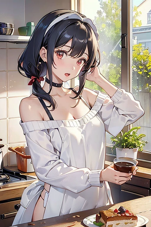 masterpiece, yor, 1girl, Amazing Cleavage:1.3, thin waist, big ass, Raised sexy, medium breast: 1.8 posed cleavage:1.2、solo, looking at viewer, open mouth, have a cup of coffee,black hair, red eyes, dress, bare shoulders, jewelry, collarbone, sidelocks, hairband, earrings, indoors, off shoulder, :o, sweater, arms behind back, plant, short hair with long locks, white hairband, off-shoulder dress, sweater dress, off-shoulder sweater, red sweater, big side hair, very long side hair,is rendered in (masterpiece: 1.2, best quality), with (ultra high resolution) and an exquisite (depth of field). This masterpiece is not only visually stunning but also tells, make of cake cooking ,in the kitchen