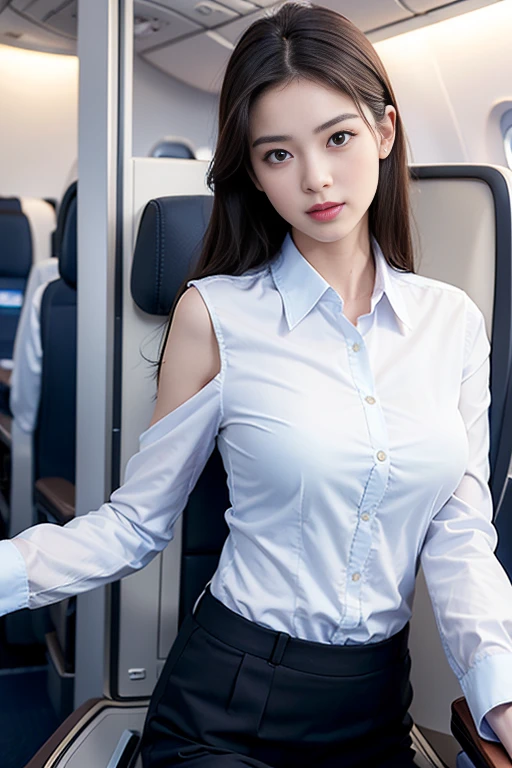 Top Quality, Masterpiece, 8K, Ultra High Definition, (Photorealistic: 1.4), 1 Girl, Beautiful Face, Symmetrical Eyes, Big, Perfect Body Proportions, Stewardess Uniform, Viewer's Look, (Inside the Airplane: 1.2), Front View, Shoulder Jump, Absolute Area (1.3),