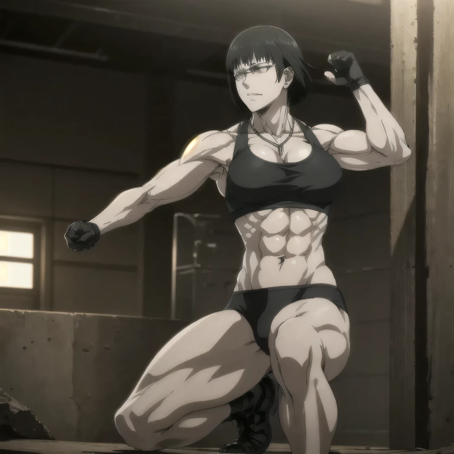 (best quality,ultra-detailed,realistic:1.37),musclaur badass girl with sculpted body with preview her musclaur body and six-pack, full review of the female character's face and body, intense expression, strong and confident posture, studio lighting, vivid colors, physiologically-based rendering, grungy texture, rugged background, dust particles in the air, commanding presence, professional, powerful, gritty aesthetics,,Valmet،short hair,necklace,clean muscles،wearing military male underwear and midriff tank top, tattoos on shoulders,clean clothes,boxing stand position