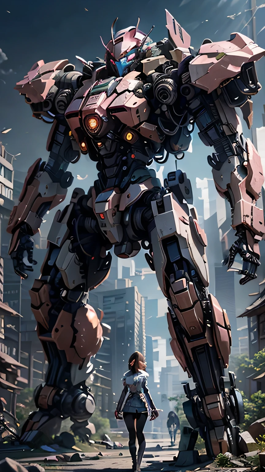 ((best quality)), ((masterpiece)), (Very detailed:1.3), 3D, Shitu-mecha, Beautiful cyberpunk woman and her pink mech in the ruins of a city from a forgotten war, technology, HDR (High Dynamic Range), Ray Tracing, NVIDIA RTX, Super Resolution, Unreal 5, Subsurface scattering, PBR Textures, Post-Processing, Anisotropic filtering, Depth of Field, Maximum Acutance and Acutance, Multi-layered textures, Albedo and Specular Maps, Surface Shading, Accurately simulate the interaction of light and matter, Perfect proportion, Octane Rendering, Two-tone lighting, Low ISO, White Balance, Rule of Thirds, Large aperture, 8K Native, High-efficiency sub-pixel, sub-pixel convolution, Glowing particles, Light Scattering, Tyndall effect