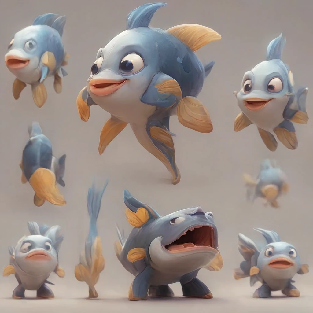 Character sheet of a cartoon fish character , golden colour or blue and white , big ,soft , full body turn around , big expressive eyes, Disney cartoon style