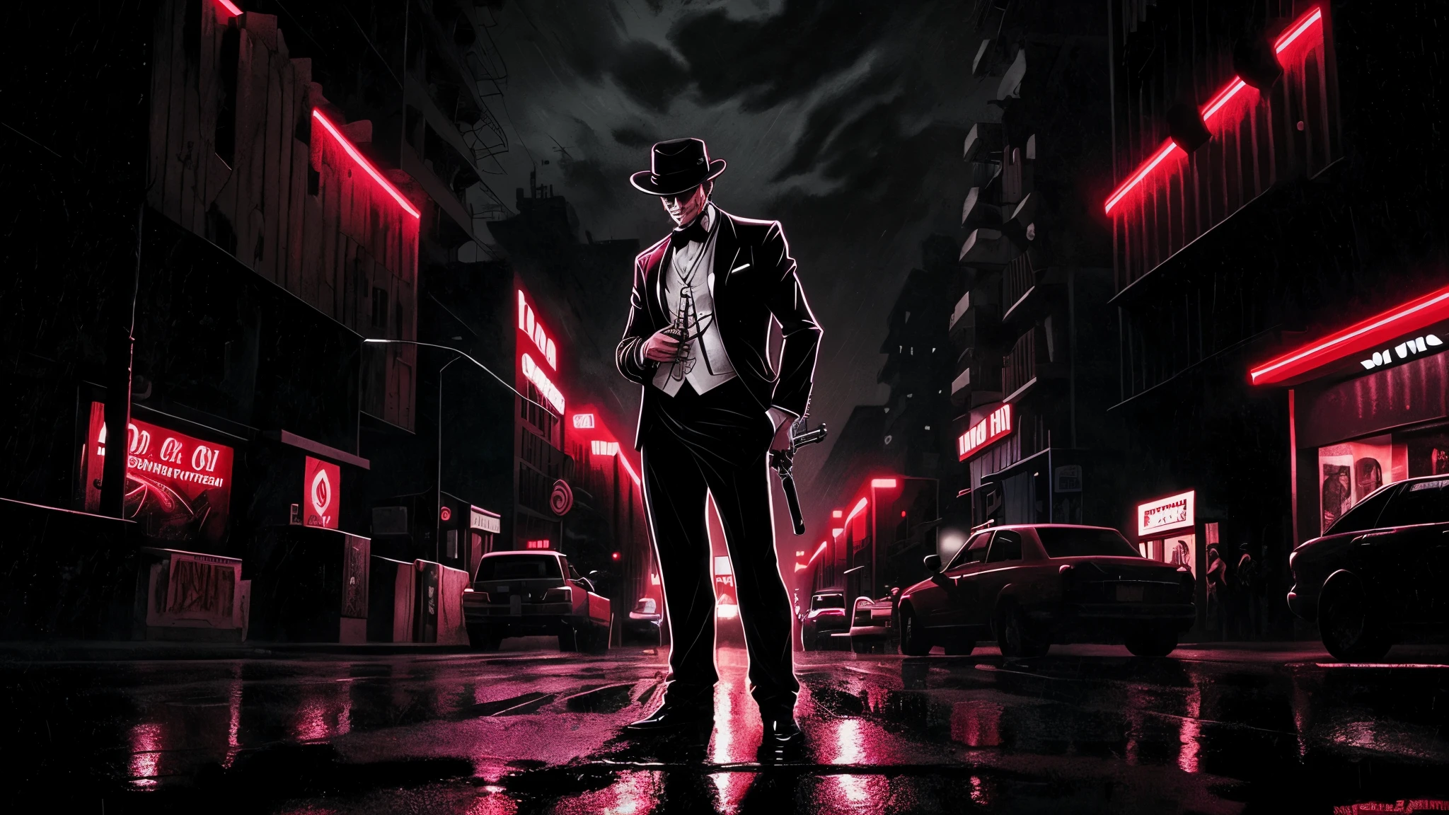 Draw a mafia with a gun on the street on a dark rainy night.