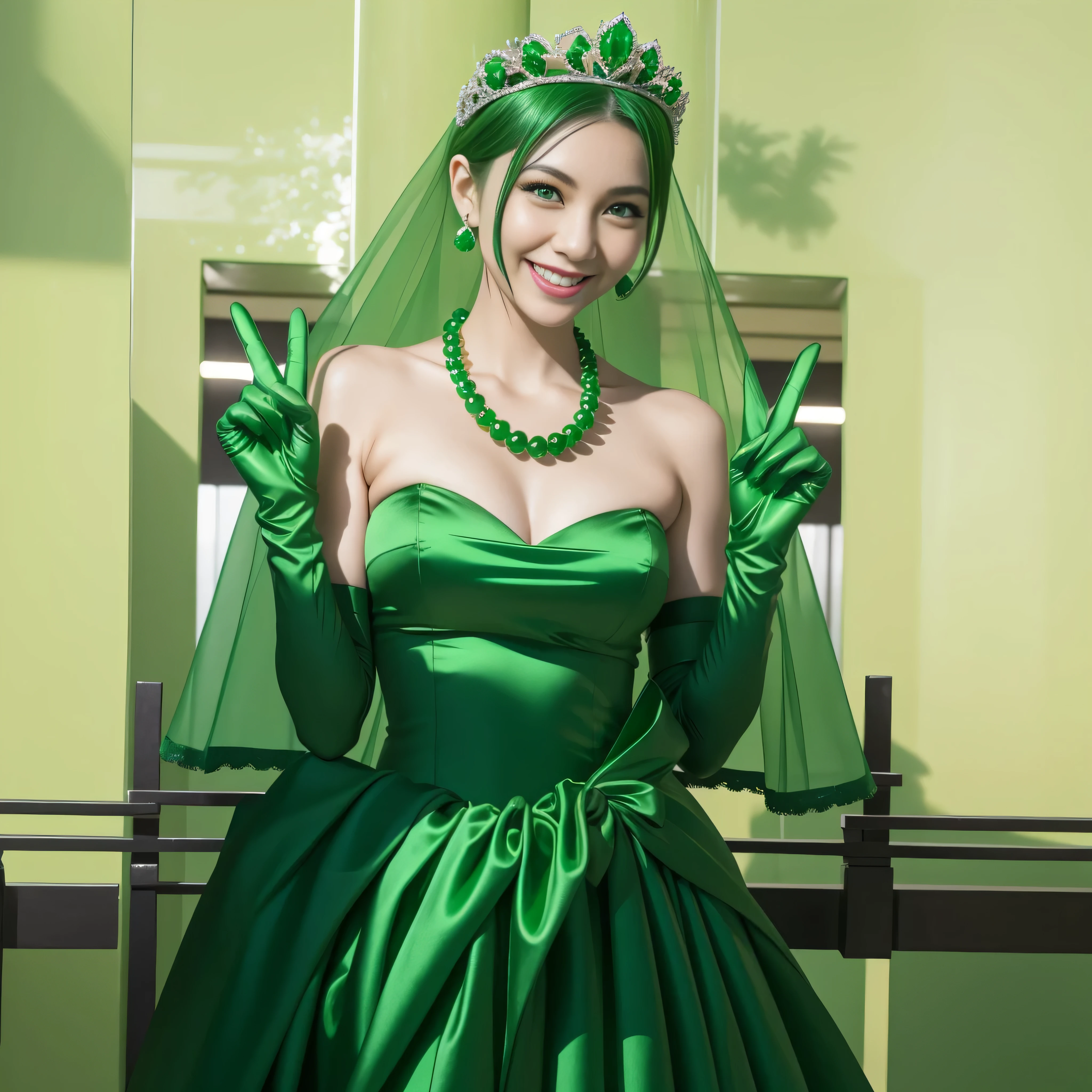 Emerald tiara, Green Pearl Necklace, Boyish very short green hair, lipstick, Smiling Japanese woman, Very short hair, Big tits beautiful, Green Eyes, Long green satin gloves, Green Eyes, v sign, Emerald Earrings, Green Veil