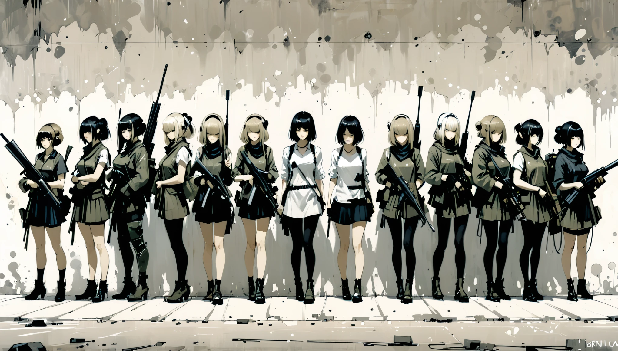 in style of Ashley Wood，Multiple Girls，queue，Heavy weapons，role conception，