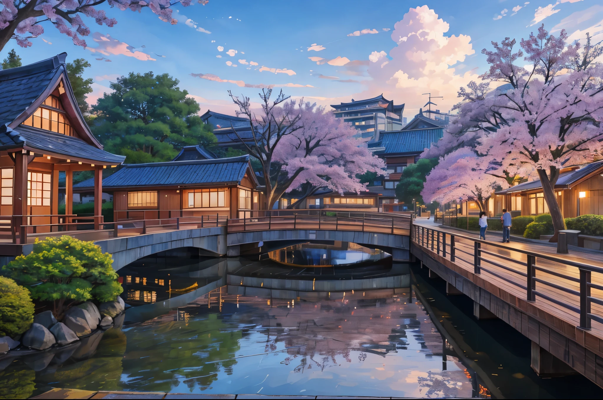 (masterpiece:1.2),best quality,45 degree viewing angle,modern,日本School,outdoor,architecture物,house,Trees,cloud,Blue sky,the way,Nice light,Campus scene,playground,School,landscape, No humans, morning, Sky, Cityscape, reflection, City, architecture, Cherry tree,Skyscraper, outdoor, morningSky, City lights, Skyline, water, Sky, bench, water, bridge, railing,City景观,City
