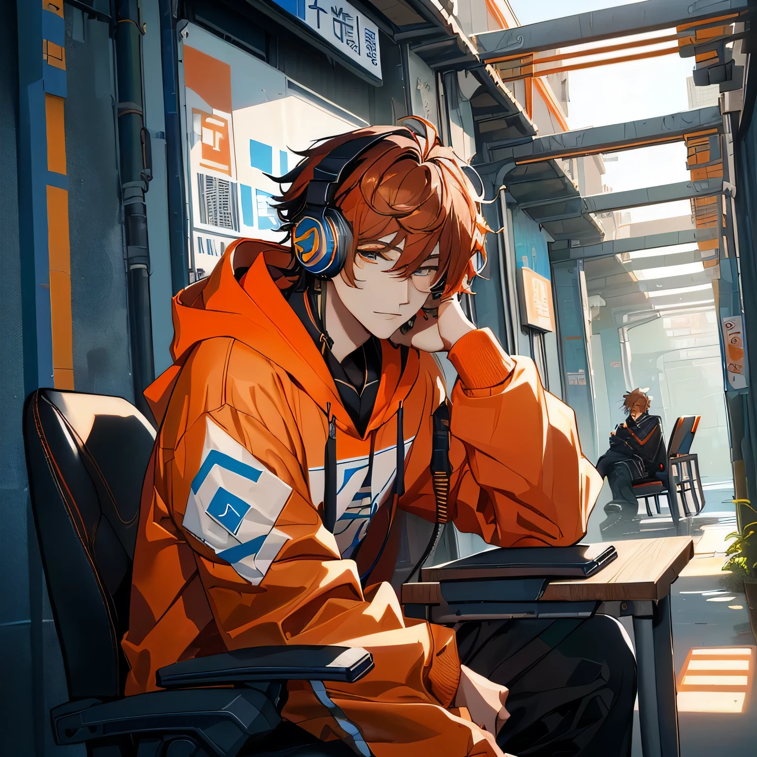 A man is sitting on a chair，Wearing headphones, cai xukun, Inspired by Border Guardians, Blade in drain pipe, Jung Jaehyun, Ruan cute vtuber, Paint Ulzan, Orange Hoodie, yanjun chengt, Twitch streamer / gamer ludwig, Kim Do-young, Hentai, xintong chen, WAN cute Korean face