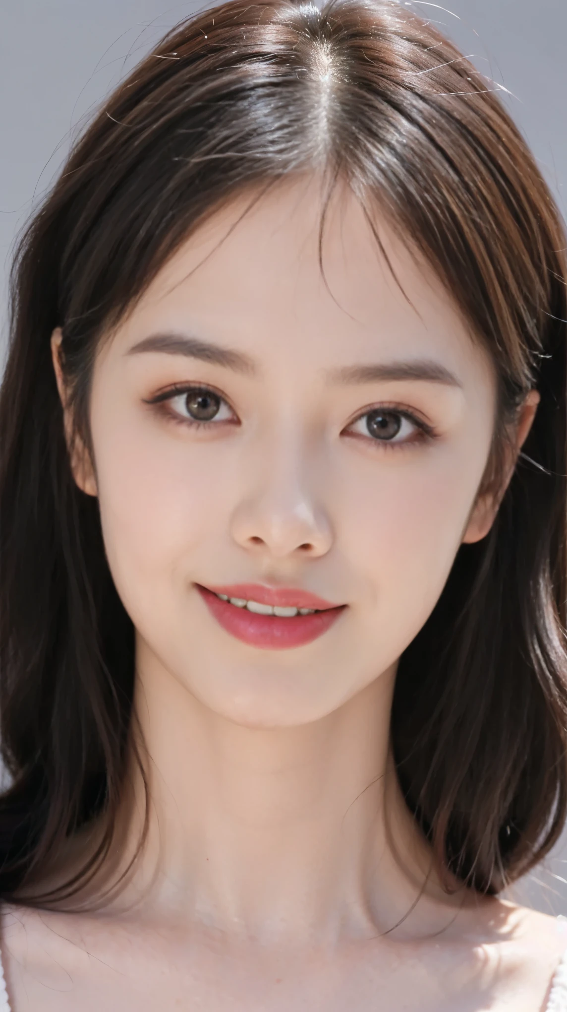highest quality,masterpiece,Ultra-high resolution,Original photo,Ultra-high resolution,Three beautiful women,Flashy makeup using red eyeshadow,Big smile,Short cut with subtle side waves,Gray background,