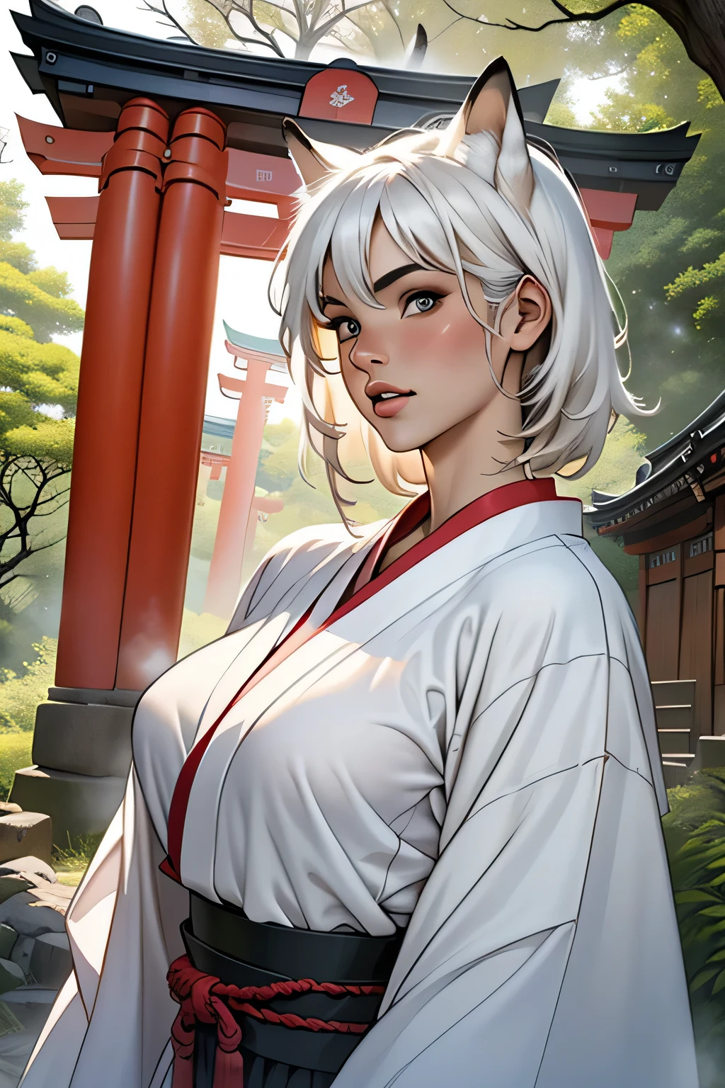 (masterpiece:1.3), (8k, Realistic, RAW Photos, highest quality: 1.4), ((One Japanese woman)), Beautiful Face, (Realistic Face), Beautiful hairstyle, (Slit eyes), Realistic eyes, Beautiful fine details, (Realistic Skin), Beautiful Skin, Absurd, Charm, Ultra-high resolution, Ultra-realistic, Very detailed, Golden Ratio, (Best Shadow), Cinematic, (Complex:1.4), ((One Priestess)), ((White Fox Ears, Long white hair)), ((Fair skin)), (Pure white skin:1.2), Large Breasts, Narrow waist, Big Ass, Voluptuous body, Alluring, Japanese Shinto Shrine Maiden Costume, barefoot, Dilapidated Japanese Shinto Shrine, Decayed Vermilion Torii Gate, Early morning sanctuary, (morning haze:1.5), ((Deep in the forest:1.1)), (Mikamiki:1.2), (steam:1.5), Bust Shot