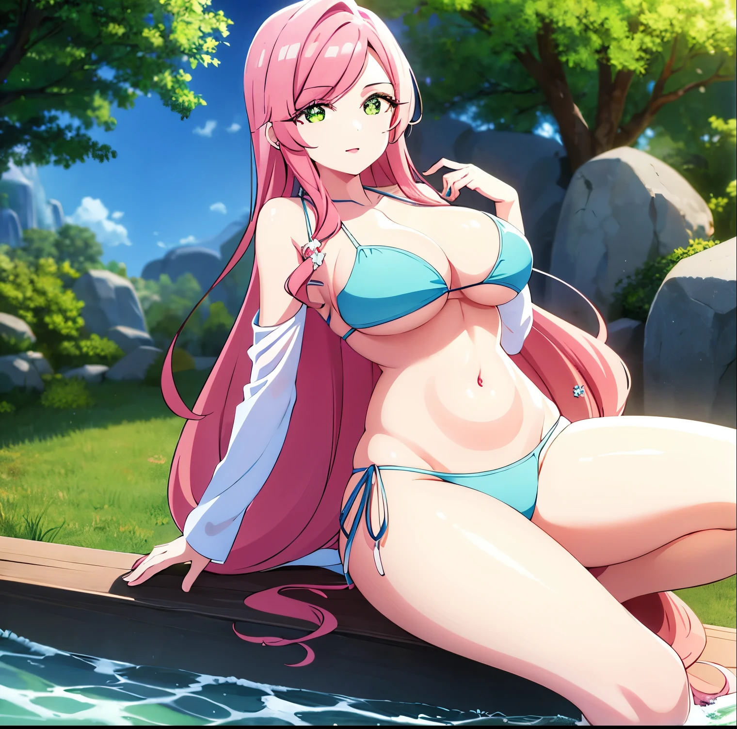 1girl, alone,hahari hanazono, long hair, bangs, (green eyes:1.2), pink hair, flower, hair flower, smile, (bikini:1.5), outdoors, beach, looking at viewer, (masterpiece:1.2), best quality, high resolution, unity 8k wallpaper, (illustration:0.8), green eyes,(beautiful detailed eyes:1.6), extremely detailed face, perfect lighting, extremely detailed CG, (perfect hands, perfect anatomy),large breasts, medium waist, wide hips, medium thighs