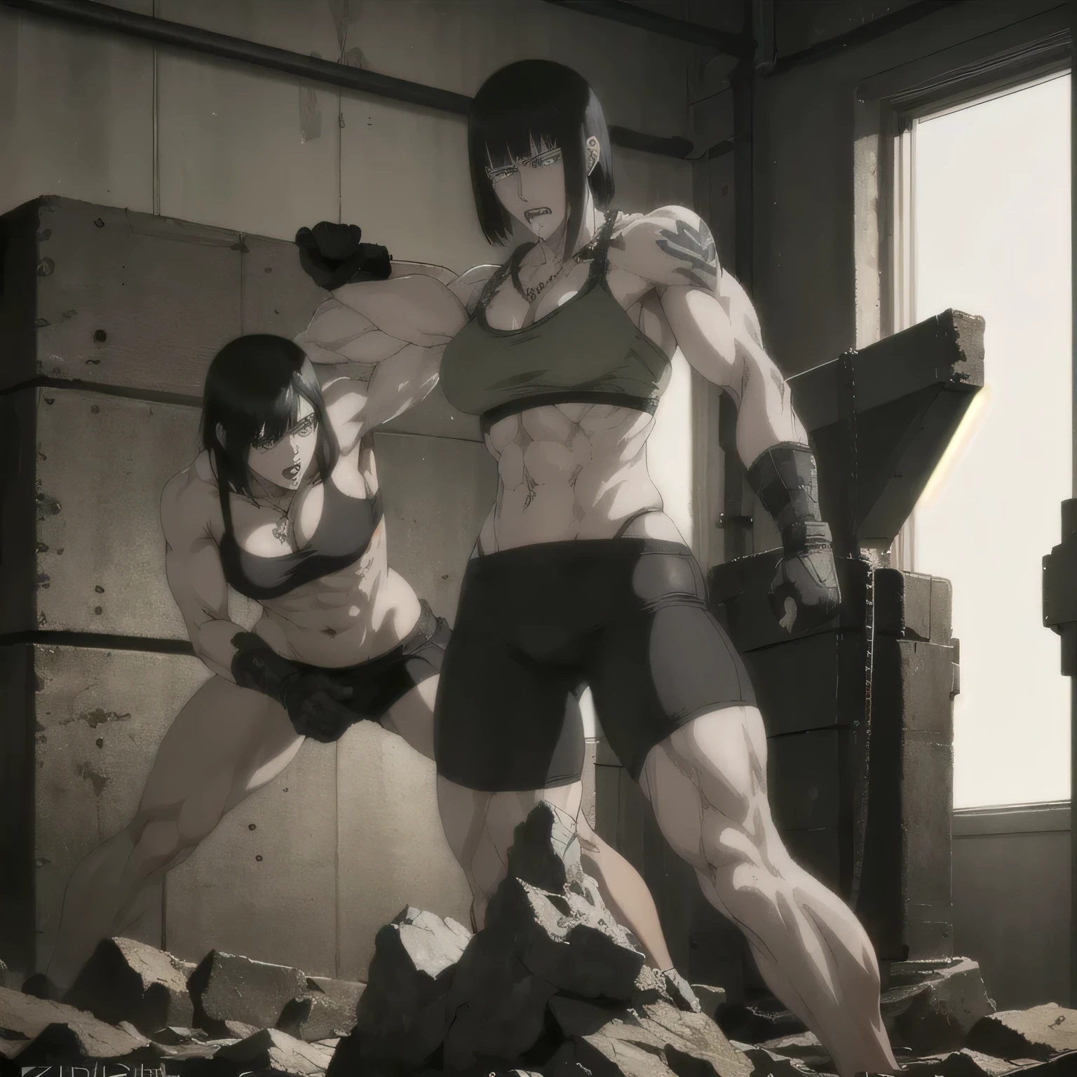 (best quality,ultra-detailed,realistic:1.37),musclaur badass girl with sculpted body with preview her musclaur body and six-pack, full review of the female character's face and body, intense expression, strong and confident posture, studio lighting, vivid colors, physiologically-based rendering, grungy texture, rugged background, dust particles in the air, commanding presence, professional, powerful, gritty aesthetics,,Valmet،short hair,necklace,clean muscles،wearing military male underwear and midriff tank top, tattoos on shoulders,clean clothes,boxing stand position,wearing gloves