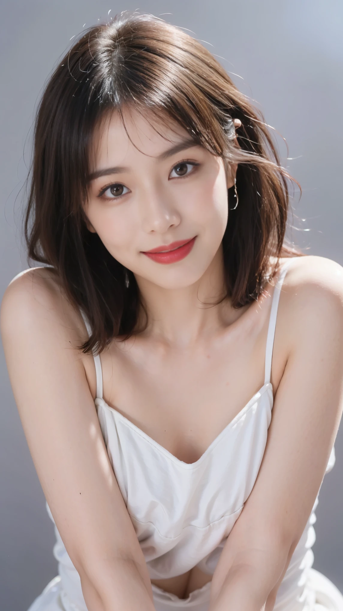 highest quality,masterpiece,Ultra-high resolution,Original photo,Ultra-high resolution,Three beautiful women,Flashy makeup using red eyeshadow,Big smile,Short cut with subtle side waves,Gray background,