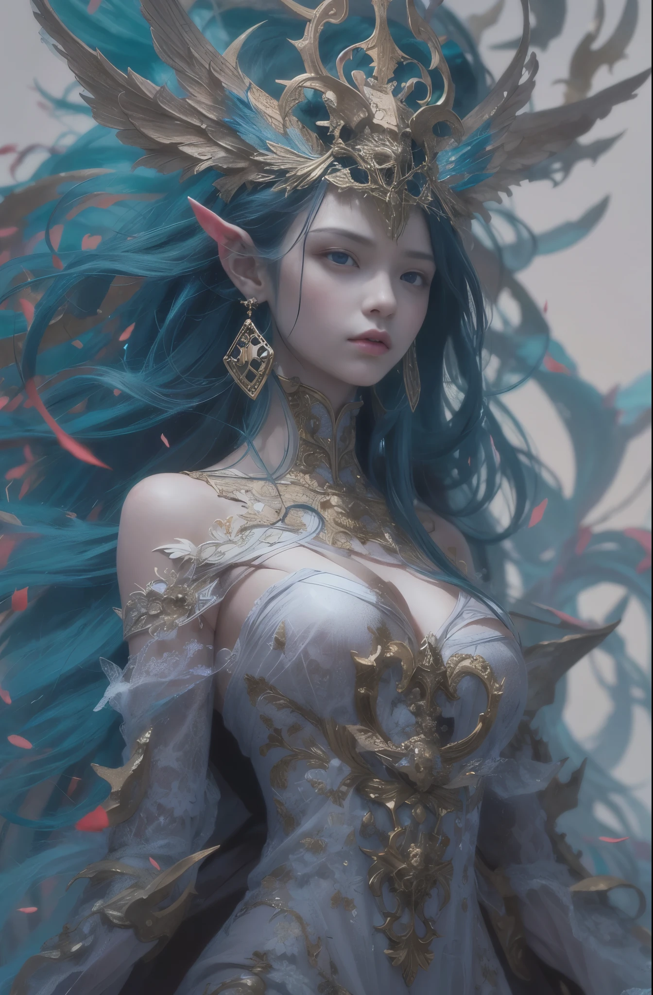 hightquality、8K、Ulutra HD、fullllbody、1 16 years old　Beauty woman、Gentle smile、Rich facial expressions、randome pose、beauty legs、robe blanche、Golden hair、Her eyes are emerald green、spotlight on face、mechanical stage costumes、(The background is Alien City、Sci-Fi Isekai)、rays of moonlight、cute little、Beautiful fece、portlate、art by:Alberto Seveso、Abstract art style、Complex and intricate watercolor painting 、digitial painting、concept-art、Volumetric lighting、TanvirTamim、metal reflective、2d render、Art Germ、Trending on ArtStation