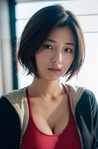 (8k, Realistic:1.4, RAW Photos, Best image quality: 1.4), 40-year-old Japanese woman, Cleavage:1.4, Chest to chest, boyish、Sporty short hair, Wearing a casual jacket, Shoulder out, Dark Room, sleepy