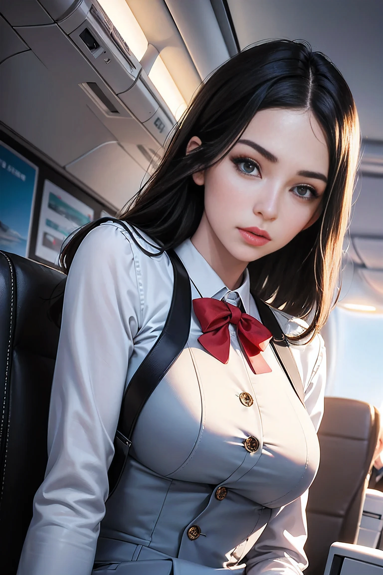 Top Quality, Masterpiece, 8K, Ultra High Definition, (Photorealistic: 1.4), 1 Girl, Beautiful Face, Symmetrical Eyes, Big, Perfect Body Proportions, Stewardess Uniform, Viewer's Look, (Inside the Airplane: 1.2), Front View, Shoulder Jump, Absolute Area (1.3),