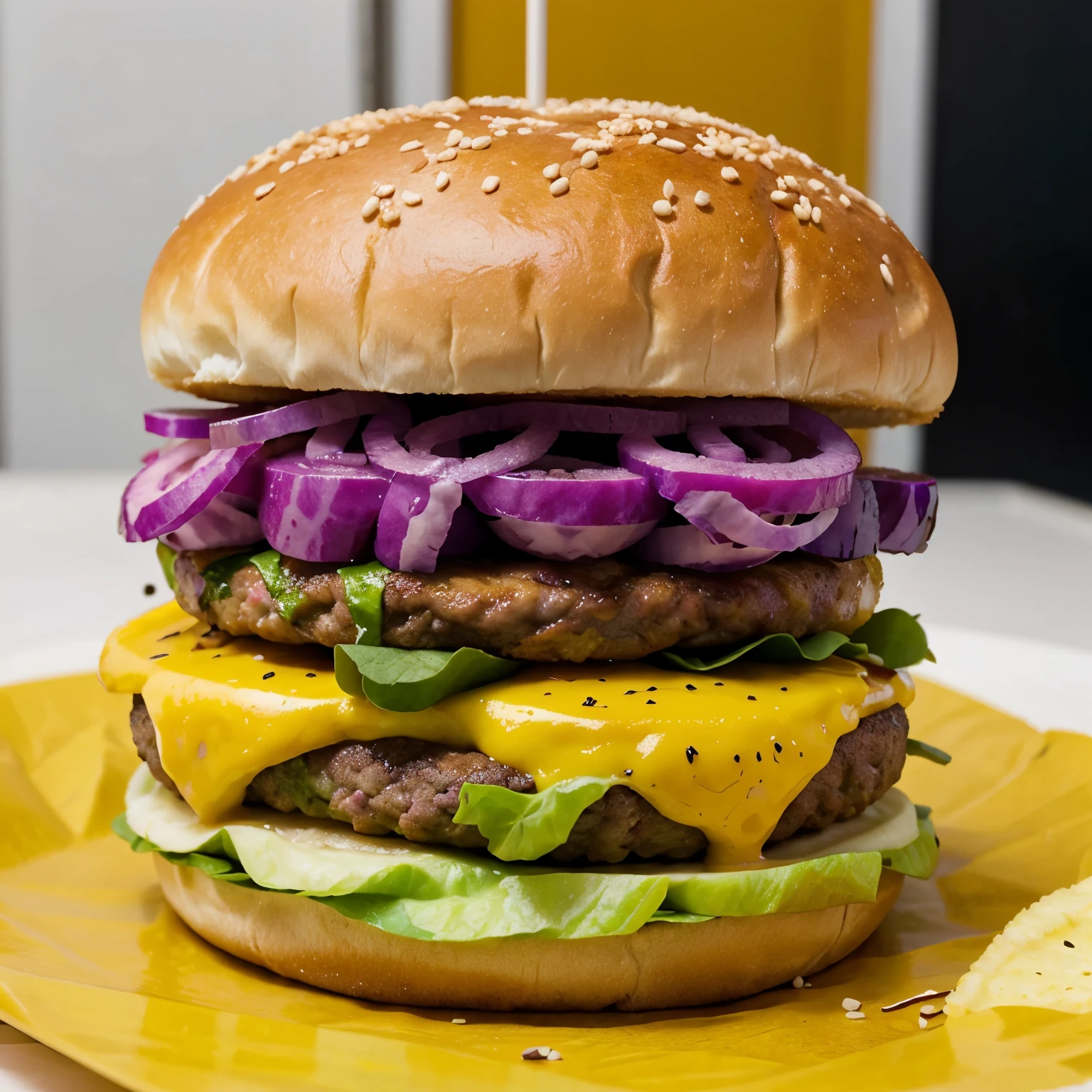 Imagen de hamburguesa con fondo amarillo y morado