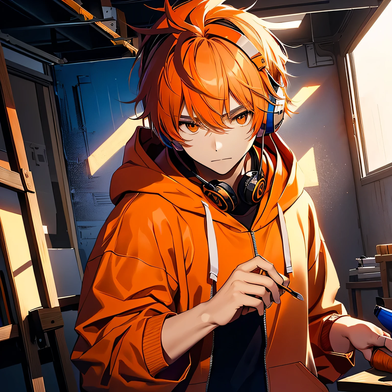 There is a designer boy，Wearing headphones, Orange Hoodie,Cute Korean face, holding a paintbrush in his hand,(Keep the current character action)