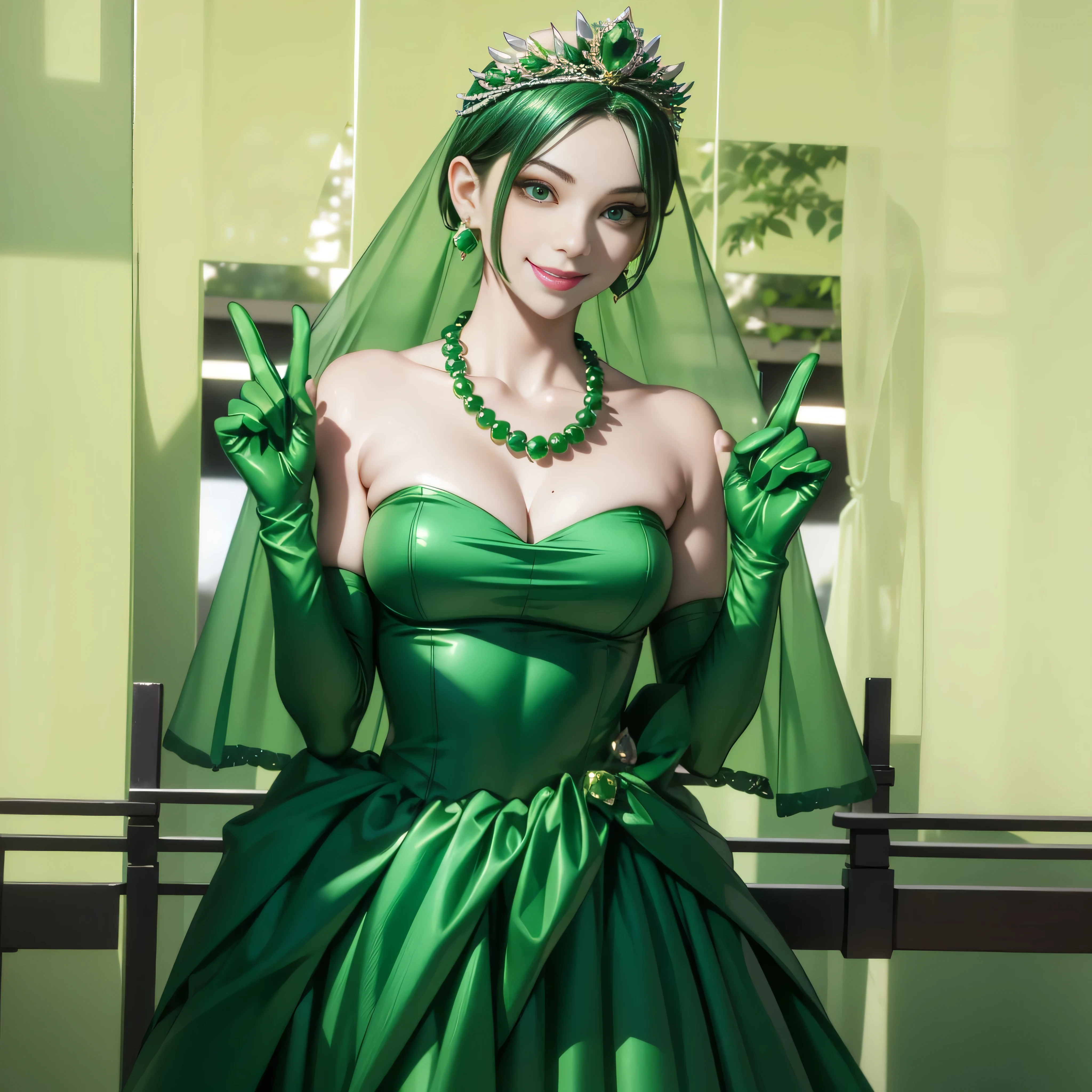 Emerald tiara, Green Pearl Necklace, Boyish very short green hair, lipstick, Smiling Japanese woman, Very short hair, Big tits beautiful, Green Eyes, Long green satin gloves, Green Eyes, v sign, Emerald Earrings, Green Veil