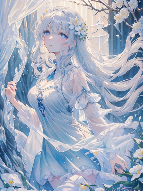Heavenly Paradise, White Lighting,(Pieces fly), (highest quality), (Cinematic), 8k, (Art Station),(長いGray HairとSilver Eyesを持つ1人の女), (Beautiful and delicate face)、[Frozen Tree々々], [Landscape Crystal], [Lighting], [Mysterious atmosphere:1.1], [Fantasy, Short Story] ,[soft なLighting] 、(+Cinematic shot:1.2)、 [+Art Station] 、[+Light white background] 、 [Soft glow] 、(Creative and dynamic angles:1.3), [+Crystal Toning] 、Pieces fly, Very detailed, Very detailed, alone, (Pale skin), Silver Eyes, Gray Hair, (Snow Background), (Snowflake Rose Flower:1.0), (shining crystal), (Snow-covered ground), (White eyelashes), Sexy Woman、dreamy and detailed, Gorgeous atmosphere, 妖しい雰囲気 Pieces fly, The most beautiful scene, Majestic、(((Lots of white flowers)))、Quiet and peaceful atmosphere、Charm, All white tones,Inside the Crystal Library,Transparent flowers and falling snow，Many white roses are planted,(Flowing water,waterfall,Water flower),The decoration is also carefully done..,dream（Very detailedです，Creative Design，Crisp, precise lines，KHD，highest quality，masterpiece，超High resolution，In 4K）、Various poses、((Beautiful white flower hair ornament))、Beautiful hairstyle、(highest quality, In 4K, 8k, High resolution, Pieces fly:1.2), Very detailed, Detailed Expression, Graceful posture, Expressive brushwork, Mysterious atmosphere, Artistic interpretation,Delicate floral jewelry， (((Detailed design、Beautiful lace transparent dress、See-through little dress)))、(SFW:1.5), (Oversized breasts, Best body proportions, Large Breast Ratio,:1.5),(White decoration on thigh)、((Beautiful crystal accessories on your feet))。((Beautiful crystal accessories on your wrist))