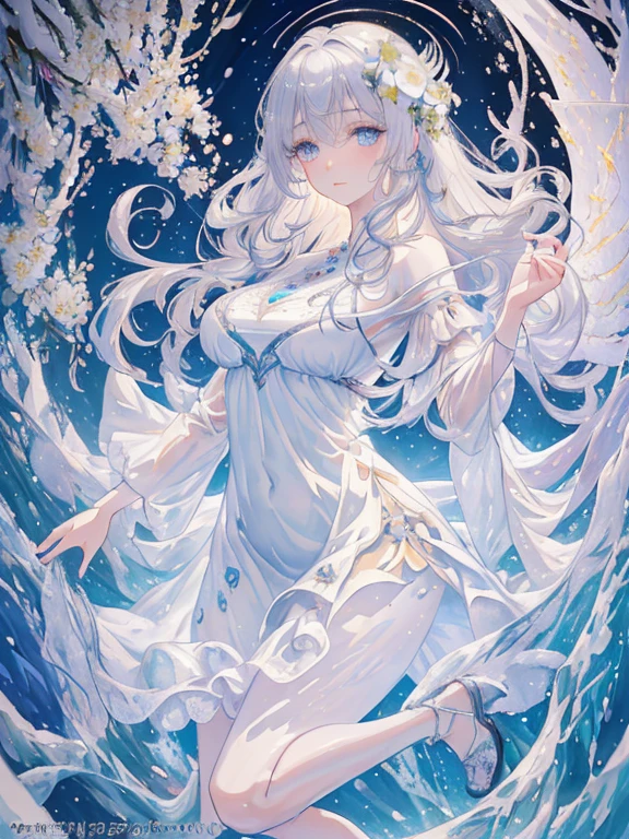 Heavenly Paradise, White Lighting,(Pieces fly), (highest quality), (Cinematic), 8k, (Art Station),(長いGray HairとSilver Eyesを持つ1人の女), (Beautiful and delicate face)、[Frozen Tree々々], [Landscape Crystal], [Lighting], [Mysterious atmosphere:1.1], [Fantasy, Short Story] ,[soft なLighting] 、(+Cinematic shot:1.2)、 [+Art Station] 、[+Light white background] 、 [Soft glow] 、(Creative and dynamic angles:1.3), [+Crystal Toning] 、Pieces fly, Very detailed, Very detailed, alone, (Pale skin), Silver Eyes, Gray Hair, (Snow Background), (Snowflake Rose Flower:1.0), (shining crystal), (Snow-covered ground), (White eyelashes), Sexy Woman、dreamy and detailed, Gorgeous atmosphere, 妖しい雰囲気 Pieces fly, The most beautiful scene, Majestic、(((Lots of white flowers)))、Quiet and peaceful atmosphere、Charm, All white tones,Inside the Crystal Library,Transparent flowers and falling snow，Many white roses are planted,(Flowing water,waterfall,Water flower),The decoration is also carefully done..,dream（Very detailedです，Creative Design，Crisp, precise lines，KHD，highest quality，masterpiece，超High resolution，In 4K）、Various poses、((Beautiful white flower hair ornament))、Beautiful hairstyle、(highest quality, In 4K, 8k, High resolution, Pieces fly:1.2), Very detailed, Detailed Expression, Graceful posture, Expressive brushwork, Mysterious atmosphere, Artistic interpretation,Delicate floral jewelry， (((Detailed design、Beautiful lace transparent dress、See-through little dress)))、(SFW:1.5), (Oversized breasts, Best body proportions, Large Breast Ratio,:1.5),(White decoration on thigh)、((Beautiful crystal accessories on your feet))。((Beautiful crystal accessories on your wrist))