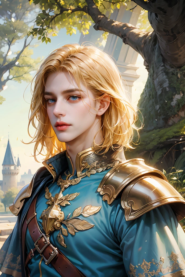 (Ridiculous, high resolution, Extremely detailed, original characters, high dynamic range), 1 boy, alone, adult, handsome, ((tall muscular man, Broad shoulders)), delicate eyes, ((short fluffy blonde hair)), hair between the eyes, forehead, ice blue eyes, magic spells, fantasy armor, The clothes are tight., sword, (Portrait), Face focus, Fairytale colorful forest landscape, Colorful light, colorful trees, fantasy greek castle, Long face, shut your mouth, Turn away, depth of field