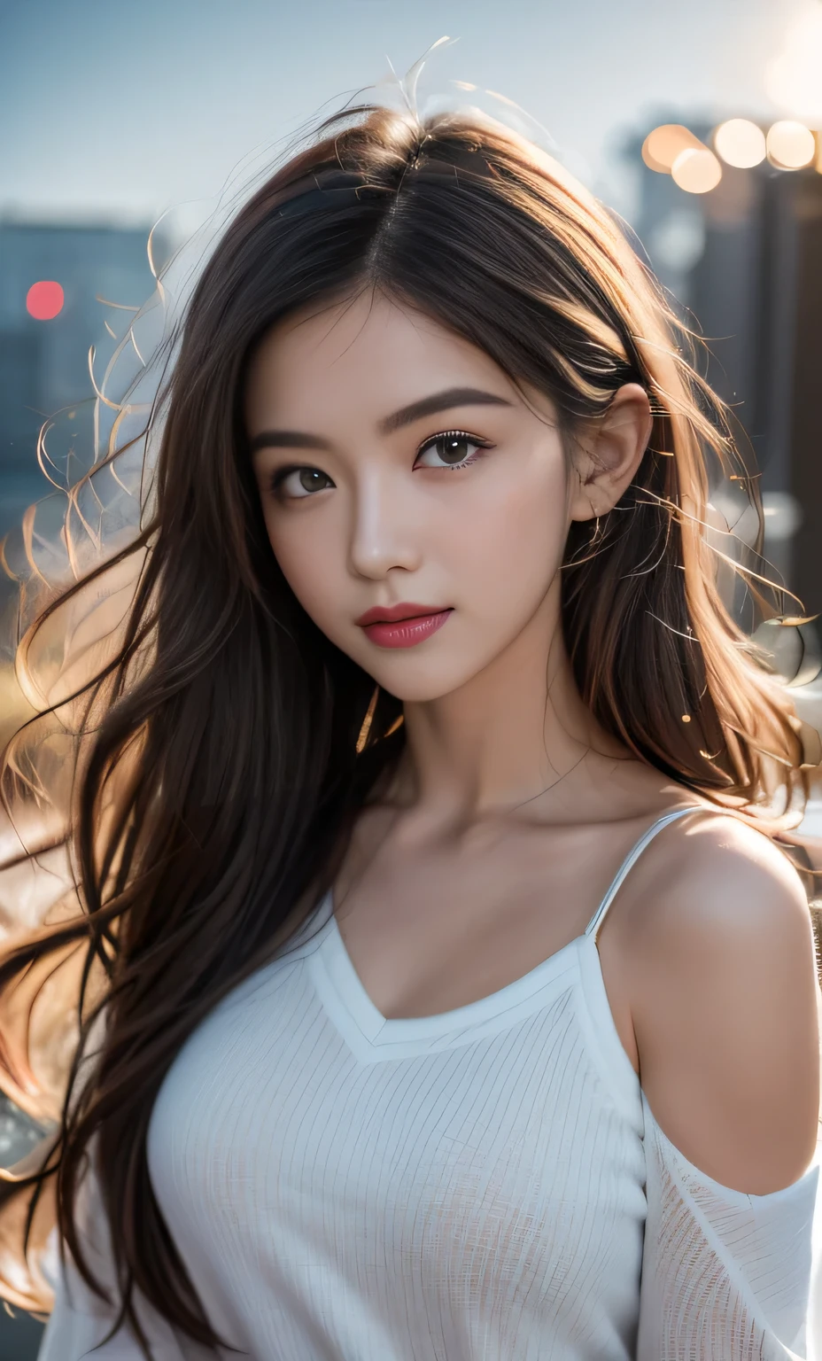 hair bobbles, wince, longeyelashes, solid circle eyes, light smile, ear blush, fang, Surrealism, drop shadow, anaglyph, stereogram, tachi-e, pov, atmospheric perspective, 8k, super detail, ccurate, best quality, award winning, super detail, anatomically correct, UHD, retina, masterpiece, textured skin, ccurate, high details, best quality, highres, high quality。Hair glows,Superhuman,floating