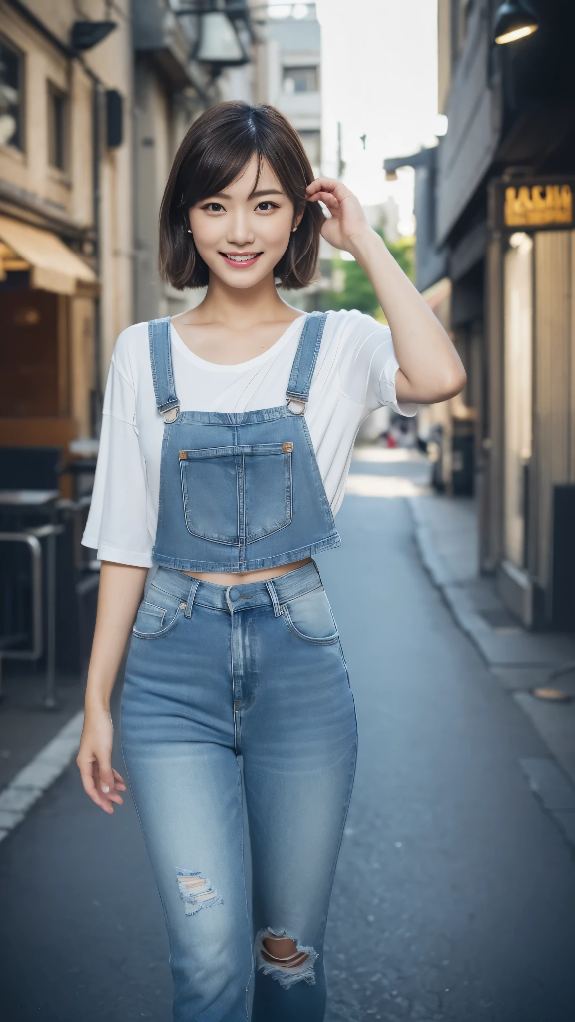(超A high resolution,RAW Photos,8k,KHD,highest quality,masterpiece:1.5),(Intricate details,Realistically),One very beautiful woman, 30 years old, High resolution, Highly detailed face, (Professional Lighting,Bokeh),(Particles of light,Lens flare brilliance,Luminous Particles:0.6),Gentle soft lighting,Trendy atmosphere,Japanese,Street,Stylish side-wavy short hair,Bobohead, Brown haired, hair is delicate and soft,Spread your wings, Lips parted, mouth紅, Captivating smile, smile, mouth, teeth, There are small dimples,White Swan Neck,Shave your shoulders, Big Chest,(small,Golden ratio numbers),Please wear(Bluish gray)(Perfect fit,Slim fit,体にPerfect fit)Wearing a fashionable white shirt, (Wash Blue)(Fashion Jeans),(Attention to detail in the costumes:1.5), double eyelid,Long eyelashes, Birthmark, (Mole under the eye: 1), Big breasts and small waist,Beautiful ass,Calves are balanced, Thinness:1.2,Small white and soft jade legs,Beautiful toes:1.5,Wear branded fashion sandals:1.0,(Boldness,Coquettish,Playful and beautiful poses,Raised to be sexy,Attractions),Female-centered focus photography,Focus on the hips and crotch,Wide lighting,Natural Shadows,Wide Wide Shot,Close Focus,Full body shot:1.8,Full body photo:1.8