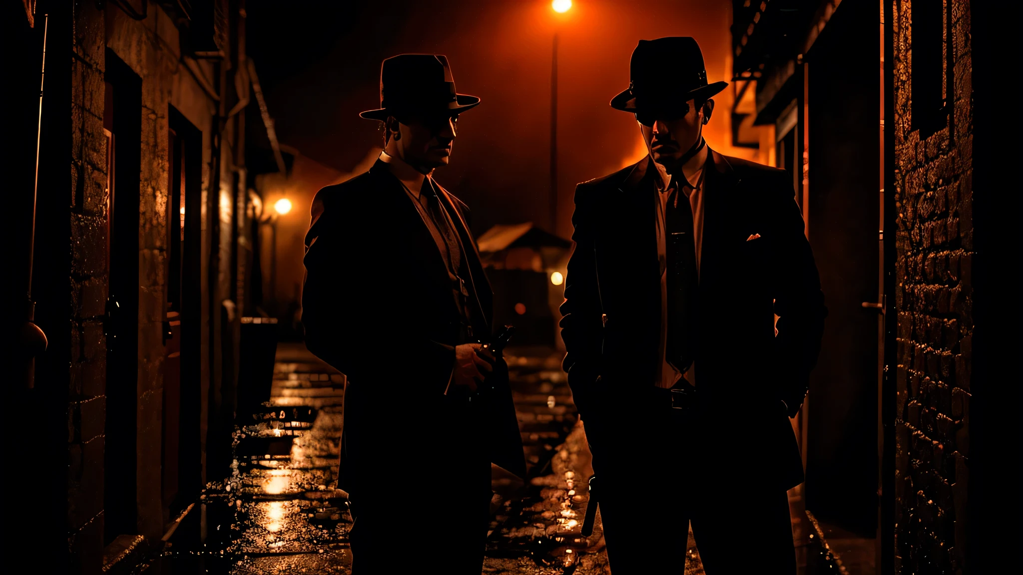 Mafia standing in an alley on a rainy night, gun in hand, cigar in mouth, dark lighting,