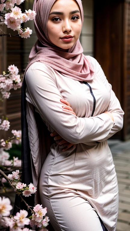 a hijab queen in hijab dress, captivating pose, cherrys blossom, real skin texture, detailed detail,