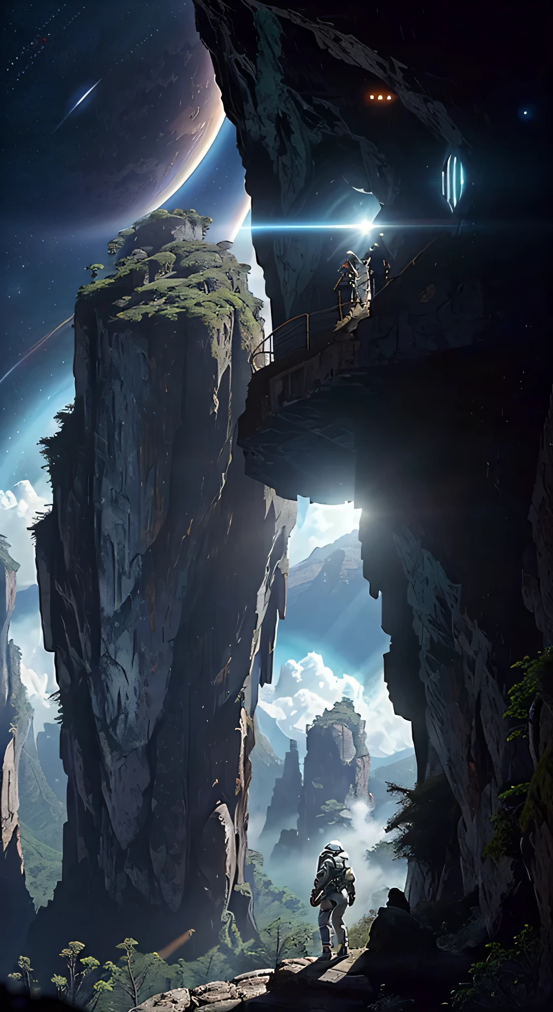(35mmstyle:1.2), Highly detailed RAW color Photo, Rear Angle, Full Body, of (girl space marine, wearing white and red space suit, futuristic helmet, tined face shield, rebreather, accentuated booty), outdoors, (standing on Precipice of tall rocky mountain, looking out at magical lush green rain forest on alien planet), vivid detail, (exotic alien planet), toned body, big butt, (sci-fi), (mountains:1.1), (lush green vegetation), (two moons in sky:0.8), (highly detailed, hyperdetailed, intricate), (lens flare:0.7), (bloom:0.7), particle effects, raytracing, cinematic lighting, shallow depth of field, photographed on a Sony a9 II, 35mm wide angle lens, sharp focus, cinematic film still from Gravity 2013, viewed from behind, dynamic angle