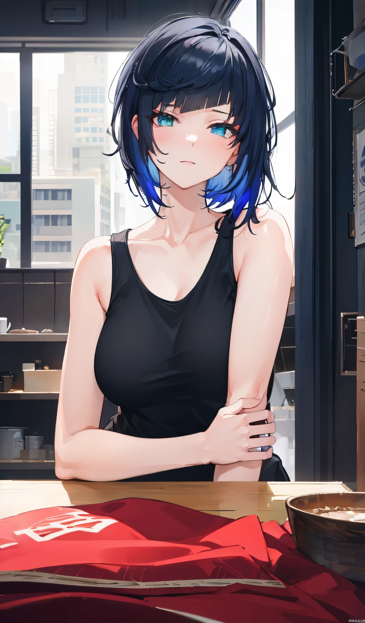 (Wallpaper,8k), (masterpiece, beautiful lighting, vibrant, best Quality), 1 woman, solo, short black hair, Messy hair , tank top, indoor, night