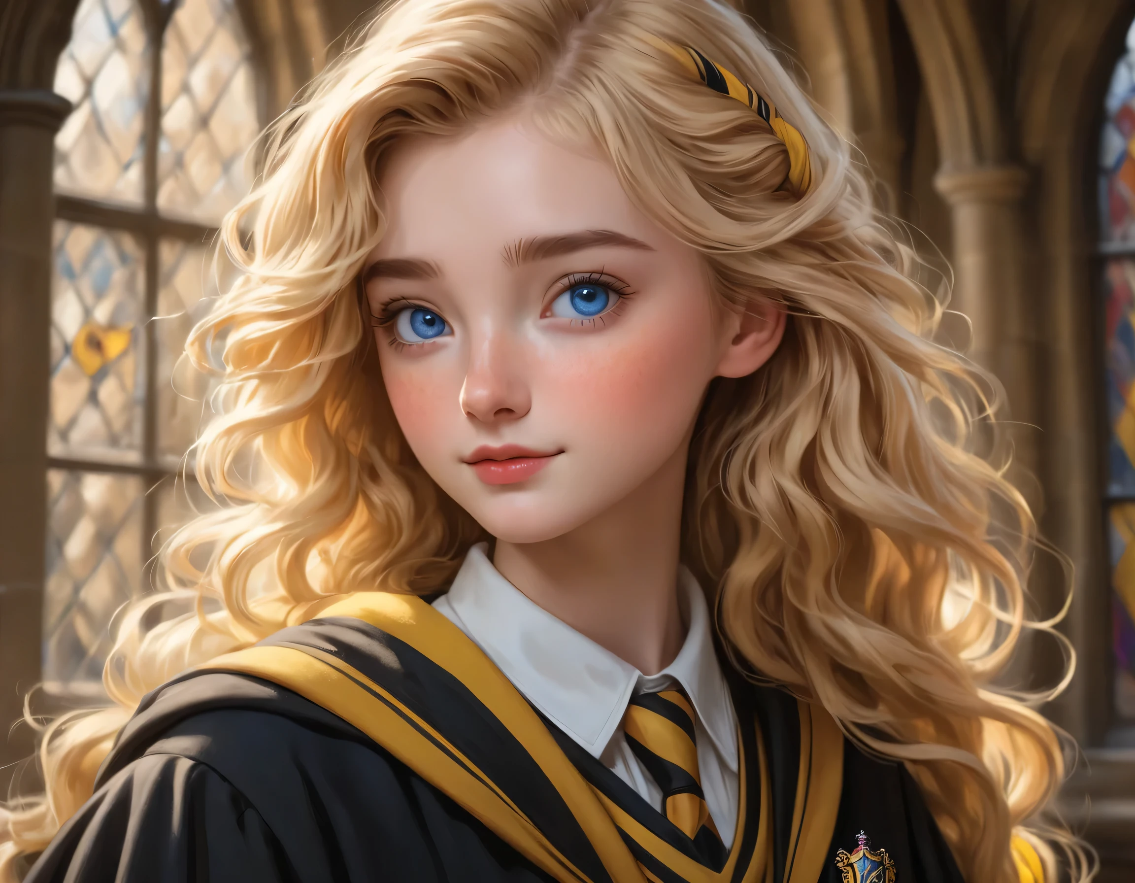 best quality, Masterpiece, Hogwarts students, Hufflepuff, blonde hair, Beaming, misbehave, freckles, blue eyes, Detailed eyes, detailed face, Fine skin,In Hufflepuff robes, background hogwarts, Realistic style