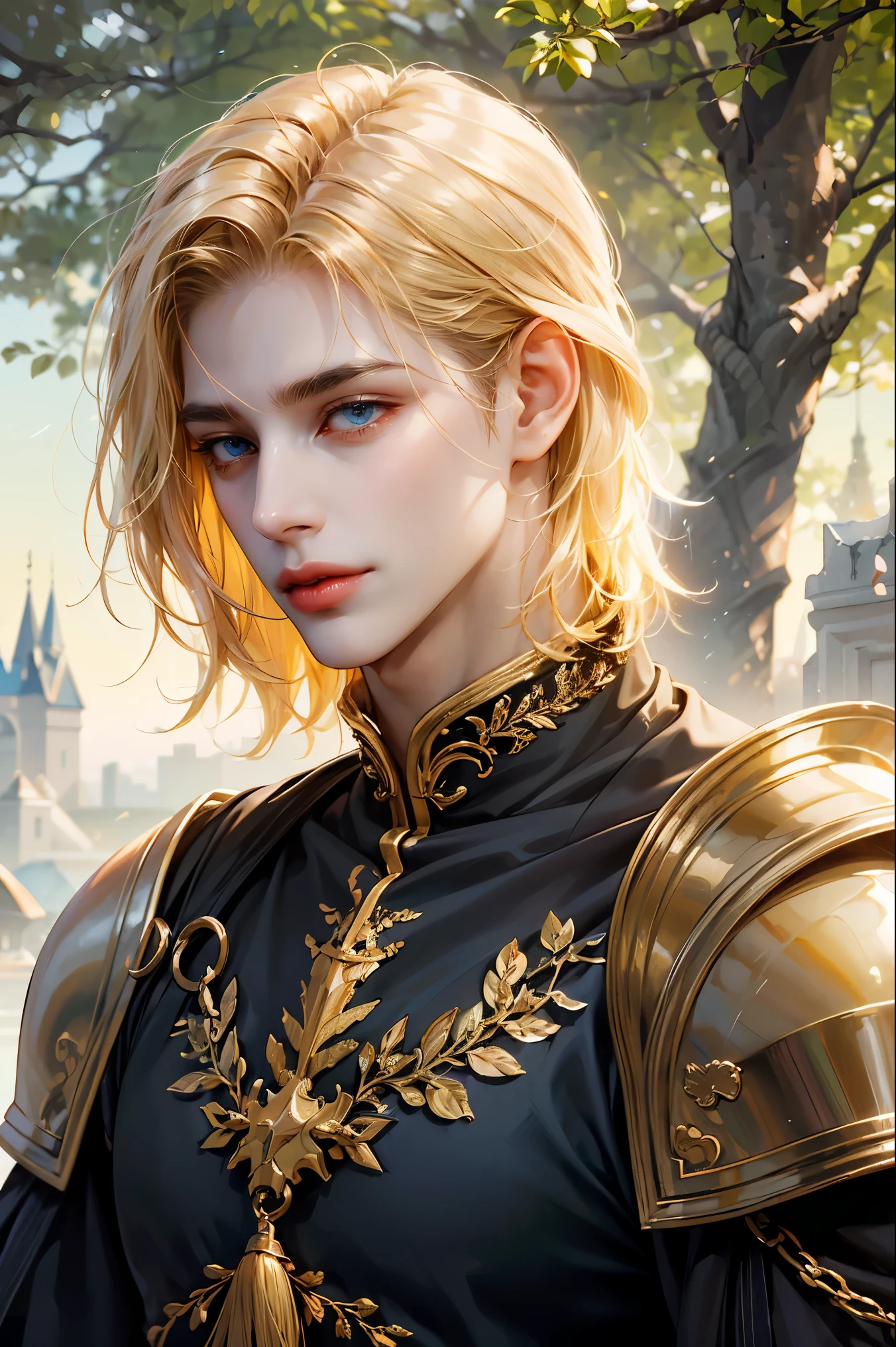 (Ridiculous, high resolution, Extremely detailed, original characters, high dynamic range), 1 boy, alone, adult, handsome, ((tall muscular man, Broad shoulders)), delicate eyes, ((short fluffy blonde hair)), hair between the eyes, forehead, ice blue eyes, magic spells, fantasy armor, The clothes are tight., sword, (Portrait), Face focus, Fairytale colorful forest landscape, Colorful light, colorful trees, fantasy greek castle, Long face, shut your mouth, Turn away, depth of field