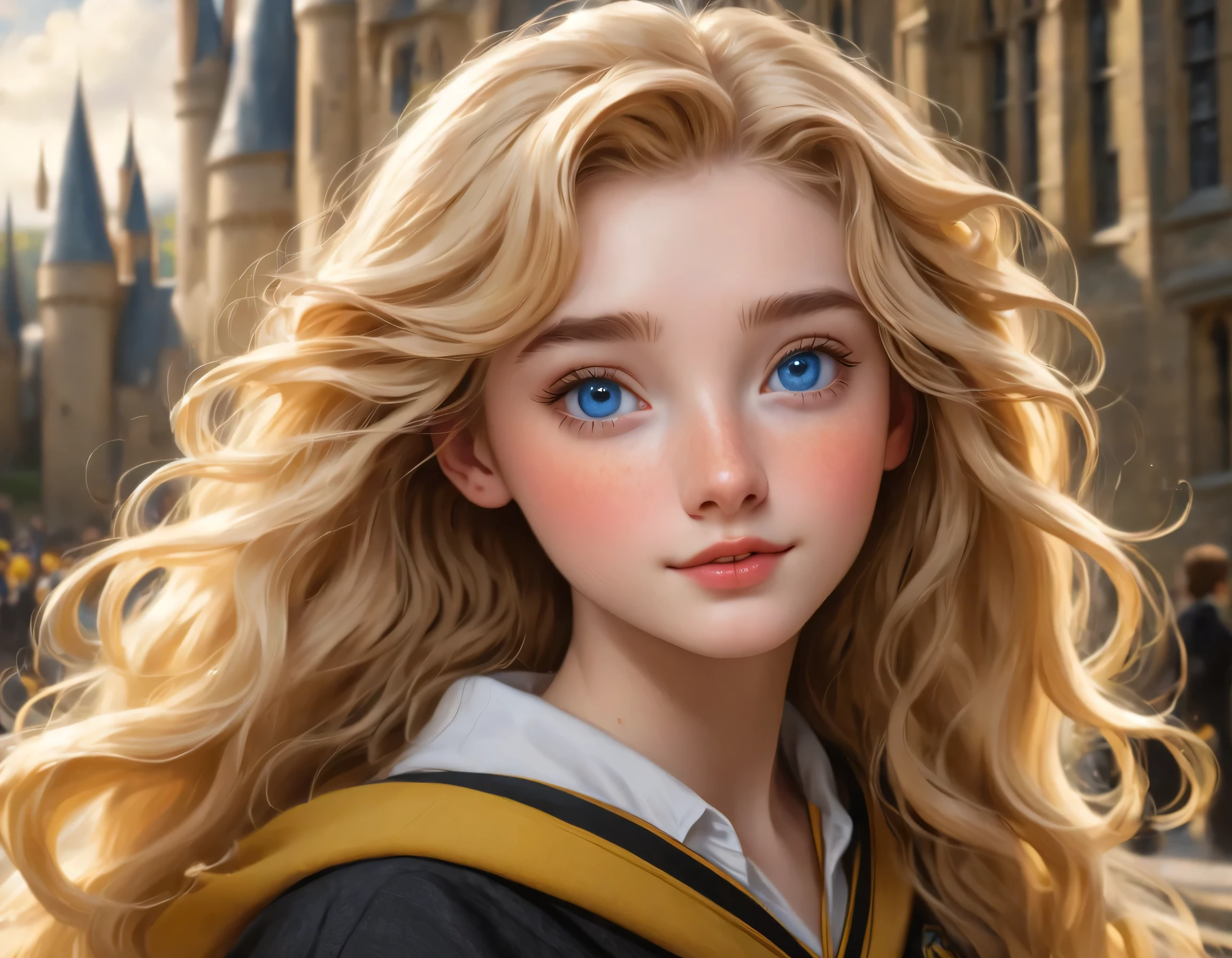 best quality, Masterpiece, Hogwarts students, Hufflepuff, blonde hair, Beaming, misbehave, freckles, blue eyes, Detailed eyes, detailed face, Fine skin,In Hufflepuff robes, background hogwarts, Realistic style