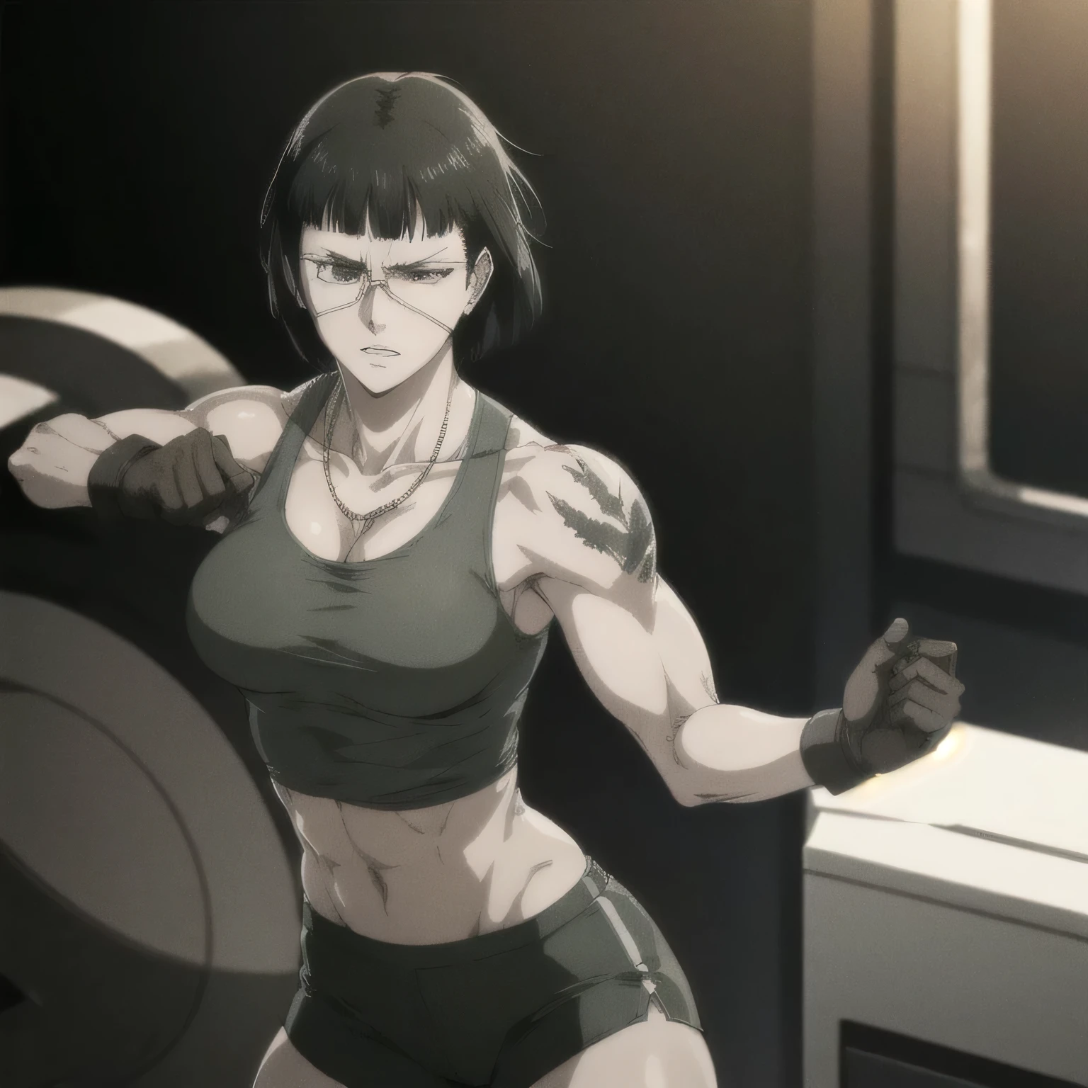 (best quality,ultra-detailed,realistic:1.37),musclaur badass girl with sculpted body with preview her musclaur body and six-pack, full review of the female character's face and body, intense expression, strong and confident posture, studio lighting, vivid colors, physiologically-based rendering, grungy texture, rugged background, dust particles in the air, commanding presence, professional, powerful, gritty aesthetics,,Valmet،short hair,necklace,clean muscles،wearing military male underwear and midriff tank top, tattoos on shoulders,clean clothes,boxing stand position,wearing gloves,punch air