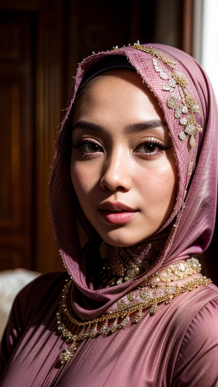 a hijab malay queen in a hijab dress, captivating pose, cherrys blossom, real skin texture, detailed detail, 