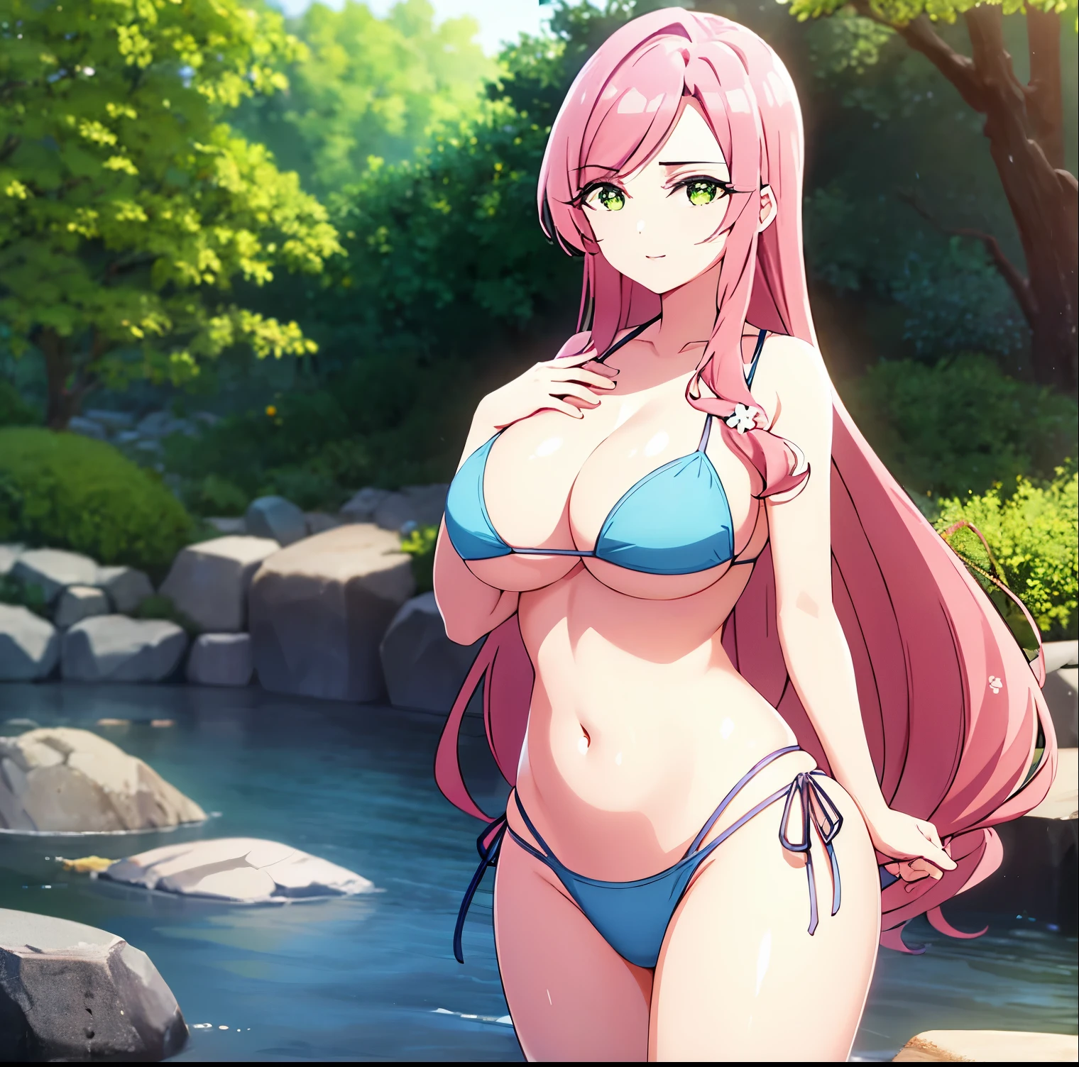 1 girl, alone, hahari hanazono, long hair, bangs, (green eyes: 1.2), pink hair, flower, hair flower, smile, (bikini: 1.5), light blue bikini, light blue bra, light blue thong, air free, beach, looking at viewer, pov(from below),(masterpiece: 1.2), best Quality, high resolution, Unity 8k wallpaper, (artwork: 0.8), green eyes (beautiful detailed eyes: 1.6), face extremely detailed, perfect lighting, extremely detailed CG (perfect hands, perfect anatomy), large breasts, medium waist. , wide hips, medium thighs, round butt