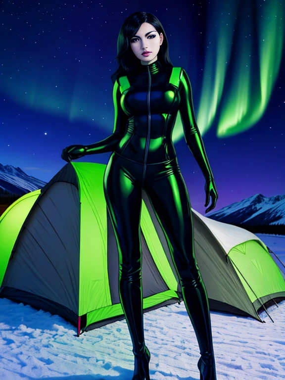 [ Shego], grey skin with green tinge, [,black hair,] sexy, green and black latex, high heel boots, toned, midriff, standing, looking at viewer, [northern lights, mountains, cold, camp,],4k,sharp image,detailed