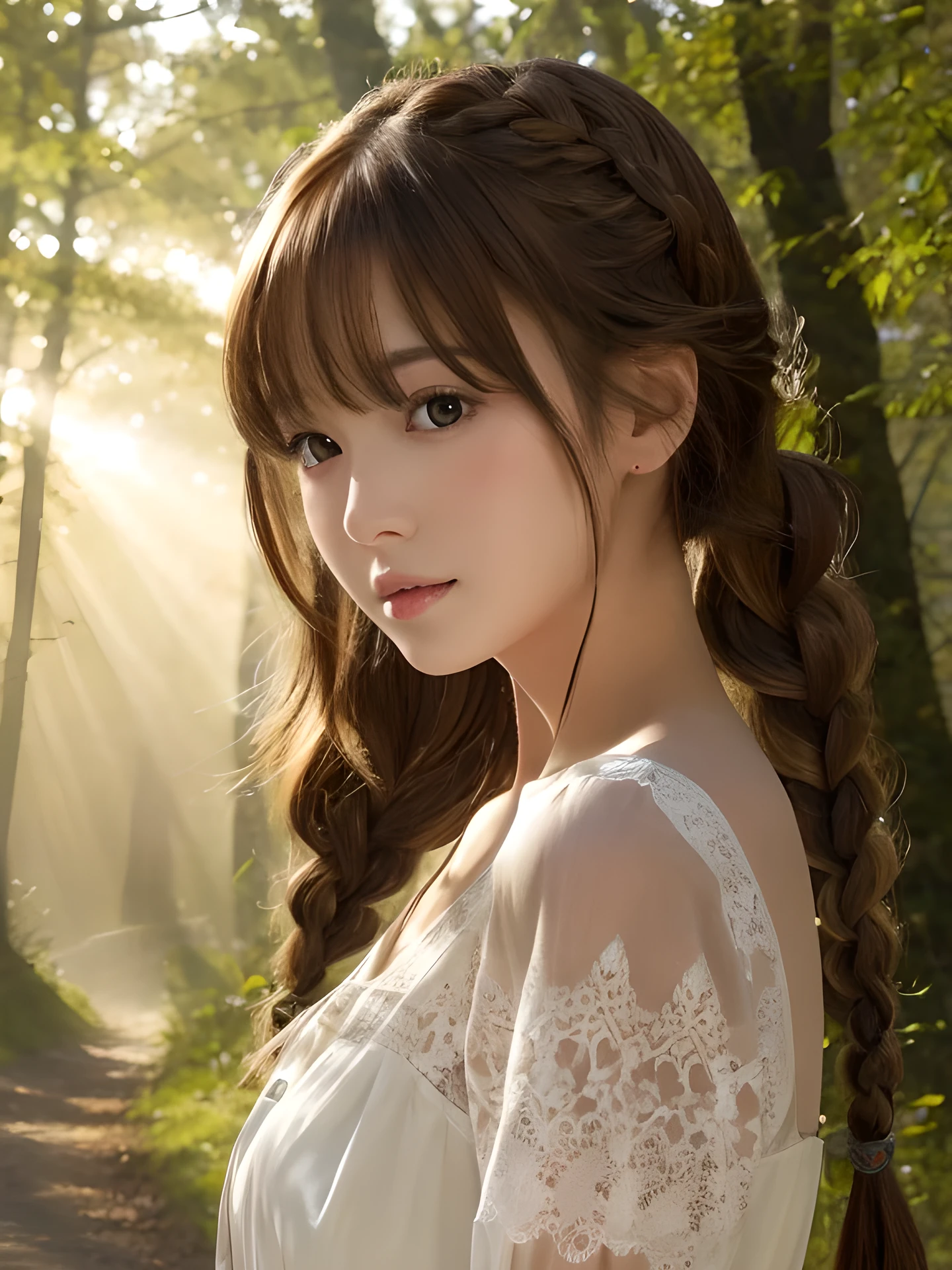 masterpiece, highest quality, High resolution, wallpaper, realistic, (bright lighting:1.4), professional lighting, face light, smooth lighting, japanese girl, full body, cute, sad, open mouth to say something, shy, Beautiful girl, gravure, sexy, super beautiful, beautiful skin, beautiful and detailed eyes、detailed face、slim、moderately, braid hair, brunette colored hair, brown eyes, Summer Dresses, The morning sunlight shines through the misty forest path.