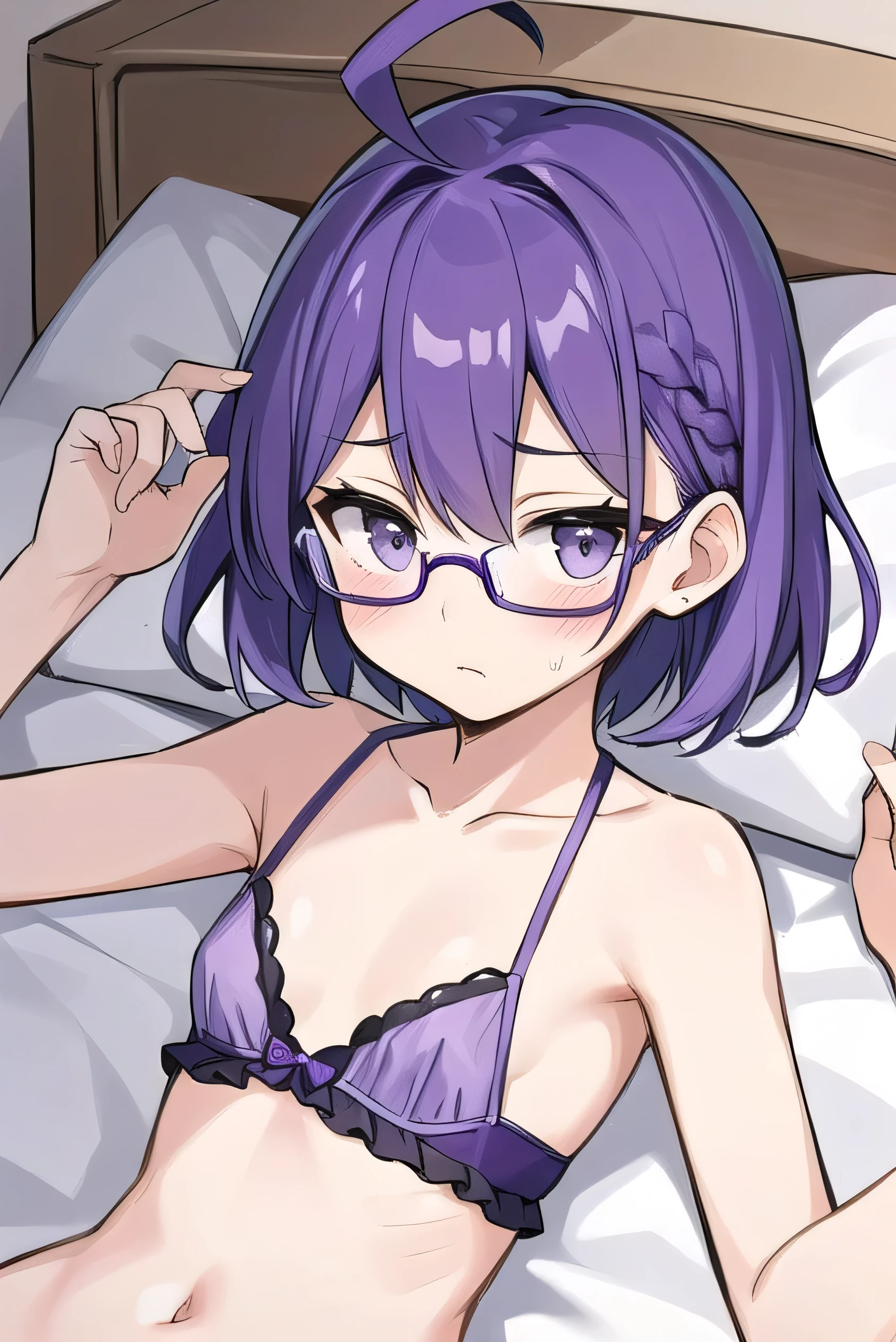 (Purple hair:1.4), gray eyes, , short, short long hair, kind expression, shy, almost no breasts, slightly exposed. hair,(flipped hair ), flipped hair, ahoge, girl alone, flipped hair, flipped hair, flipped hair, flipped hair, glasses with no edges, embarrassed, flat chest，Silk Lingerie Set，，bed,lying on back