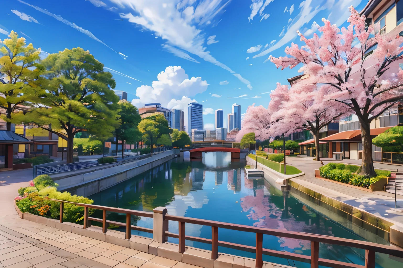 (masterpiece:1.2),best quality,45 degree viewing angle,Top view,stadium,modern,日本School,outdoor,architecture物,house,Trees,cloud,Blue sky,the way,Nice light,Campus scene,playground,School,landscape, No humans, morning, Sky, Cityscape, reflection, City, architecture, Cherry tree,Skyscraper, outdoor, morningSky, City lights, Skyline, water, Sky, bench, water, bridge, railing,City景观,City