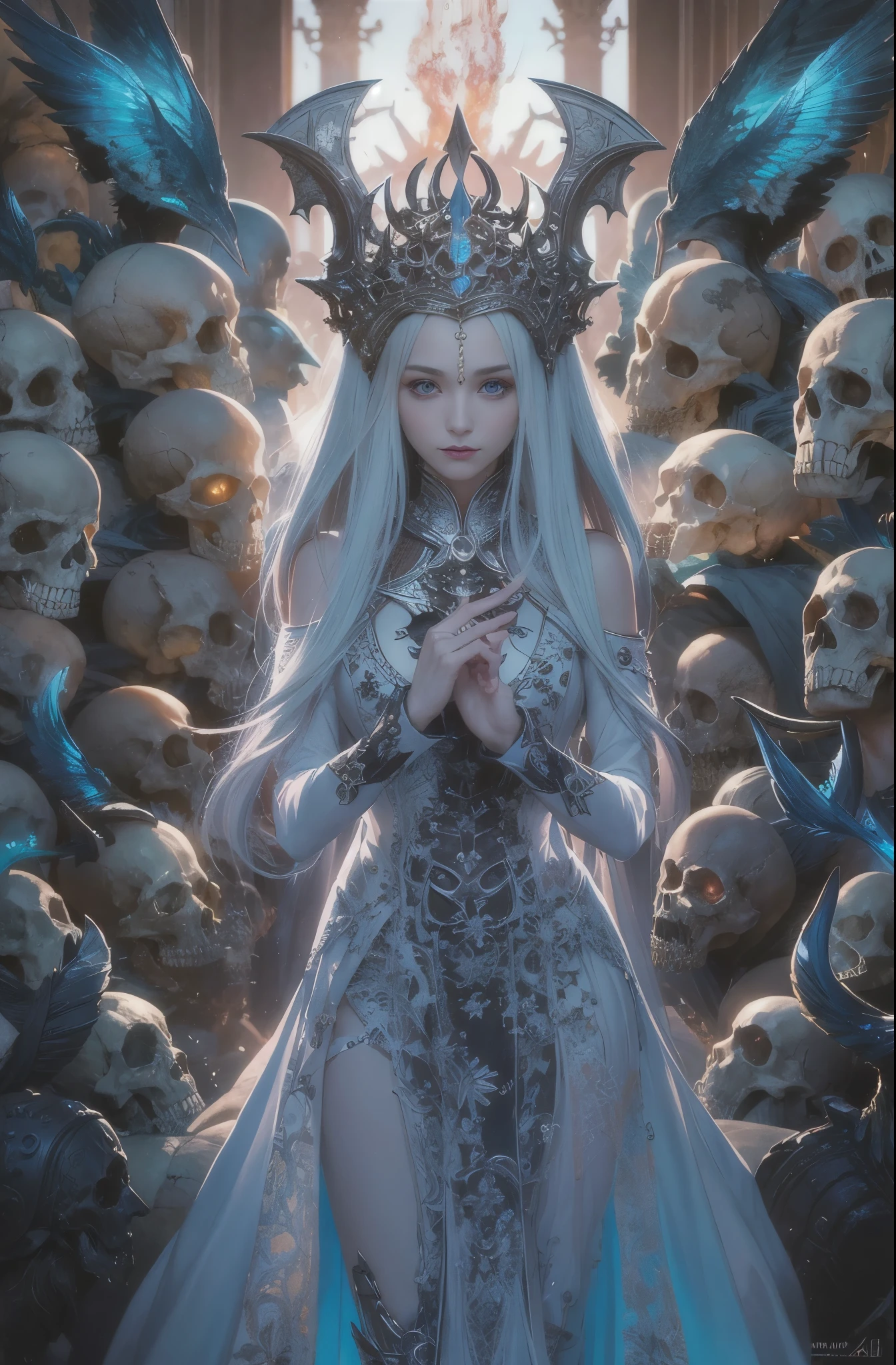 hell、purgatory、A world without light, Swarm of Undead、fear, Disillusioned, Wails, despair, depressed, The End, Requiem, Breathtaking beauty, Gothic, Solemn, Majestic, Very beautiful Caucasian woman in her 20s、Queen of the Exiles、The majesty of the queen, ペルセポネとhellの番犬, Countless Skulls, Concept Art | ArtJam, 4K Fantasy art, ArtJam julie bell beeple, Fantasy art Behance, 詳細なFantasy art, Peter Mohrbacher. Unreal Engine, Mohrbacher's artistic style, Peter Mohrbacher artstyle, Ultra-fine paintings by Yan J., Artstation Contest Winner, Fantasy art, カロル・バクとPeter Mohrbacher, Mohrbacher's artistic style, Peter Mohrbacherのスタイル, Peter Mohrbacher Art Style, Peter Moerbacher Style, detailed Fantasy art, 4K Fantasy art, By Jean Jay., Fantasy artスタイル, 2. 5D CGI Anime Fantasy Artwork, epic Fantasy artスタイル hd, Epic fantasy digital art style, 詳細なFantasy art, Detailed digital 2D fantasy art, ルアン・ジアとArtJam, 8k Fantasy art, Sharp contours, Sharp eyes with slit length, Beautiful and delicate blue eyes, pretty much beautiful face, Unparalleled beauty, masterpiece, highest quality, The perfect angle, Perfect composition, Best Shot, Official Art, Cinematic light, Very beautiful and fantastic scenery, before, Ultra-precision coating, Luminism, art by Carne Griffiths and What a bone Concept Art, 4K resolution, Fractal isometricdetailed bioluminescence , 3D Rendering, Octane Rendering, Exquisitely crafted , Cinematic, Trending isometric surreal cover photos、Art Station'Amazing full color, Hit definition , Very subtle contrast of light and shadow, Cinematic,Great background, Abstract Beauty,stand, Approaching perfection, Pure Form, Golden Ratio, minimum, Revert, Concept Art, What a bone、Intricate details, 8K Post-Production, High resolution, Hyper Detail, Art Stationのトレンド, Studio shot, Intricate details, Extremely delicate and detailed painting style, Beautiful painting art, Close-up