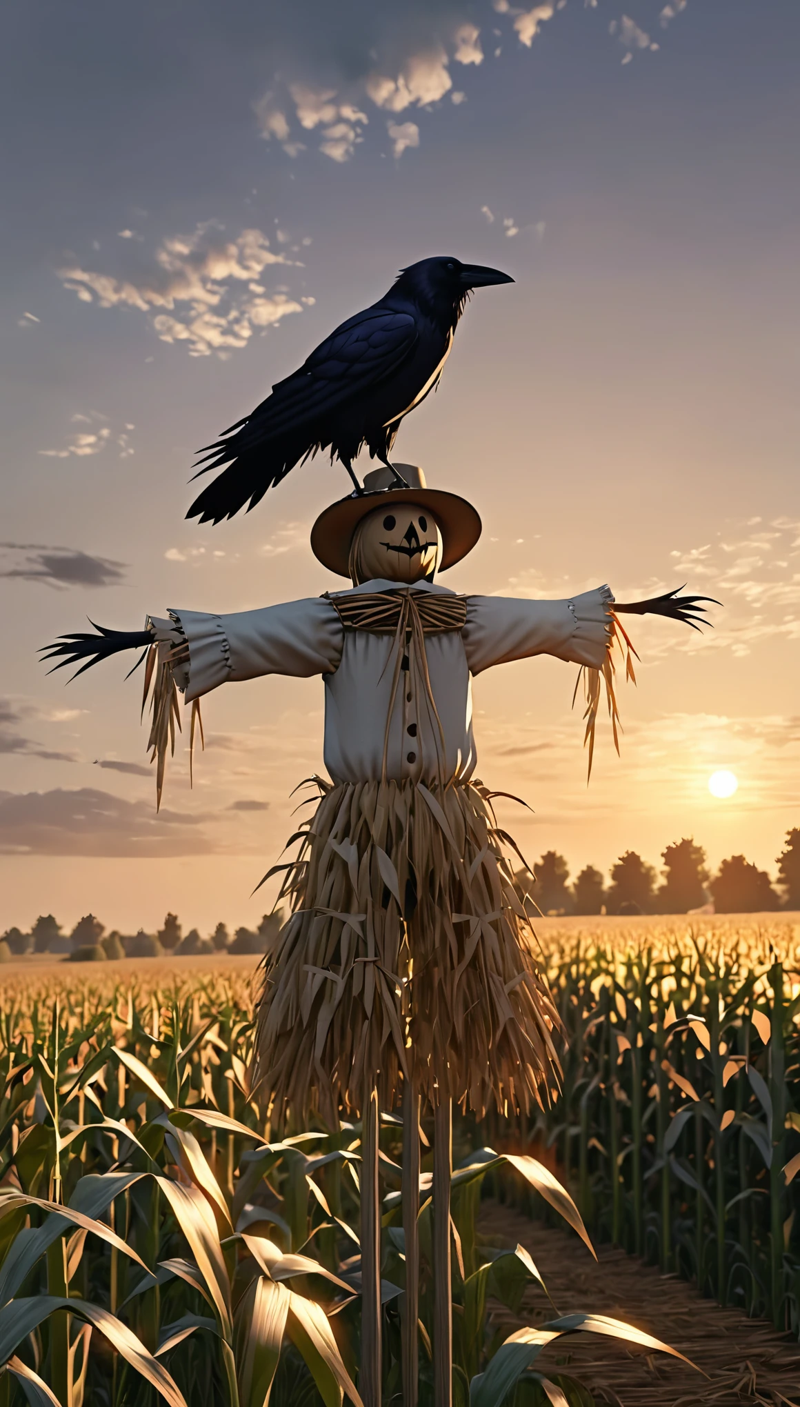 long shot, ((crow standing on a scarecrow full body:1.7)), in a corn field, the scarecrow is wearing a hat and field clothes:1.4,((best quality)), ((masterpiece)), (body and highly detailed face: 1.6), 3D, Beautiful, unreal engine: 1.4, CG K ultra realistic, photorealistic: 1.4, skin texture: 1.4, (((sunset))) ,(( perfect and sharp image:1.6)) , 32k